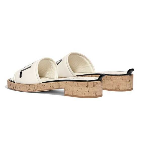 Chanel 19S Ivory Black Letter CC Logo Cork Mules Slide Sandal Flop Flat 35c - Picture 10 of 12
